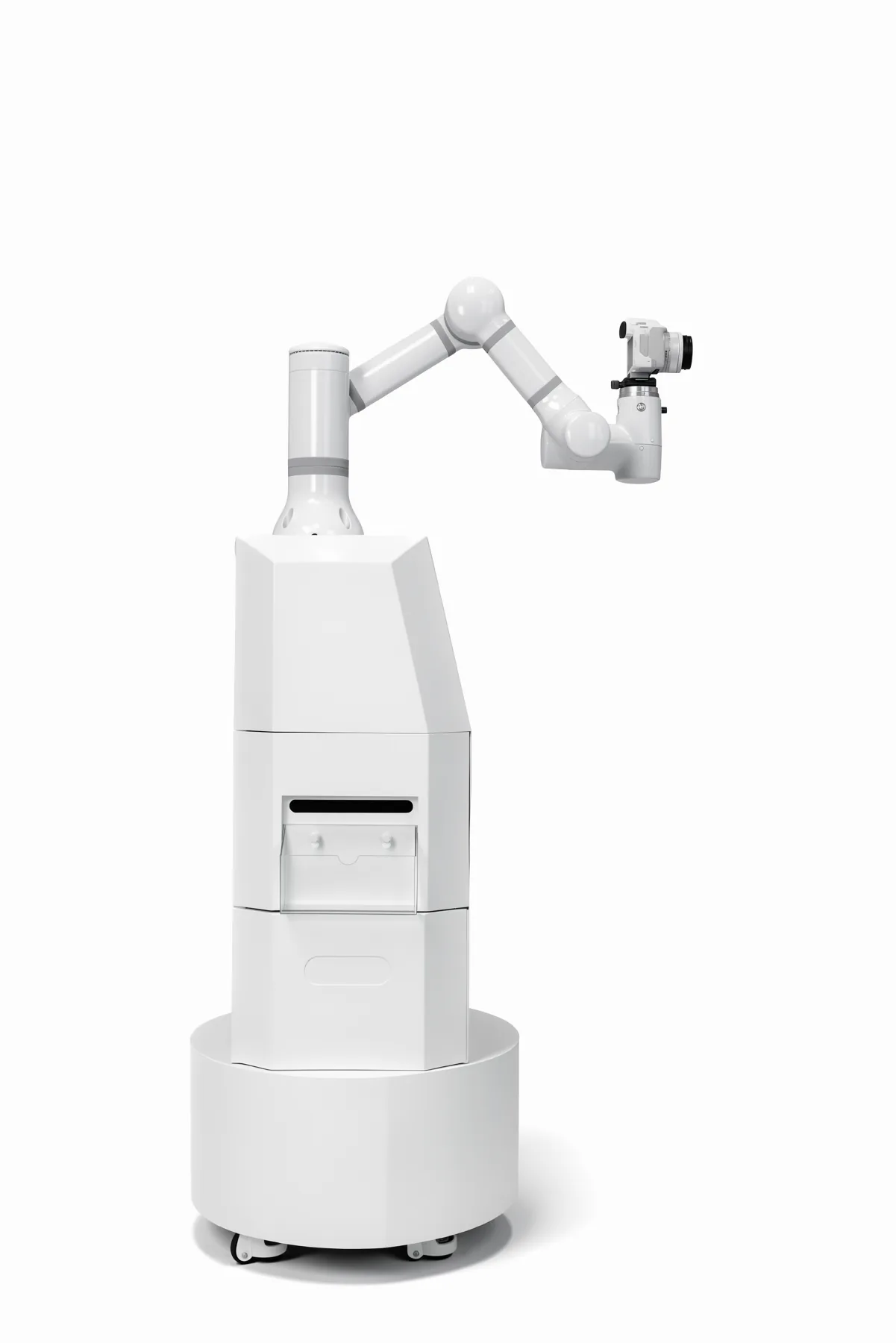 Orbiti AI智能拍照机器人左侧产品图,展示机械臂与底座结构